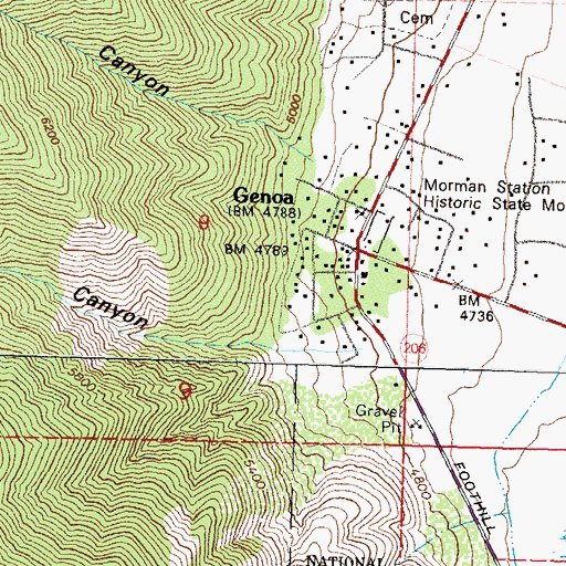 A topographic map iamge showing Genoa's location at the base of a mountain, with the Mormon Station State Park at the center of town.